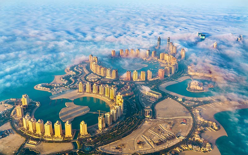 Aerial view of the Pearl-Qatar island in Doha through the morning fog. Qatar, the Persian Gulf